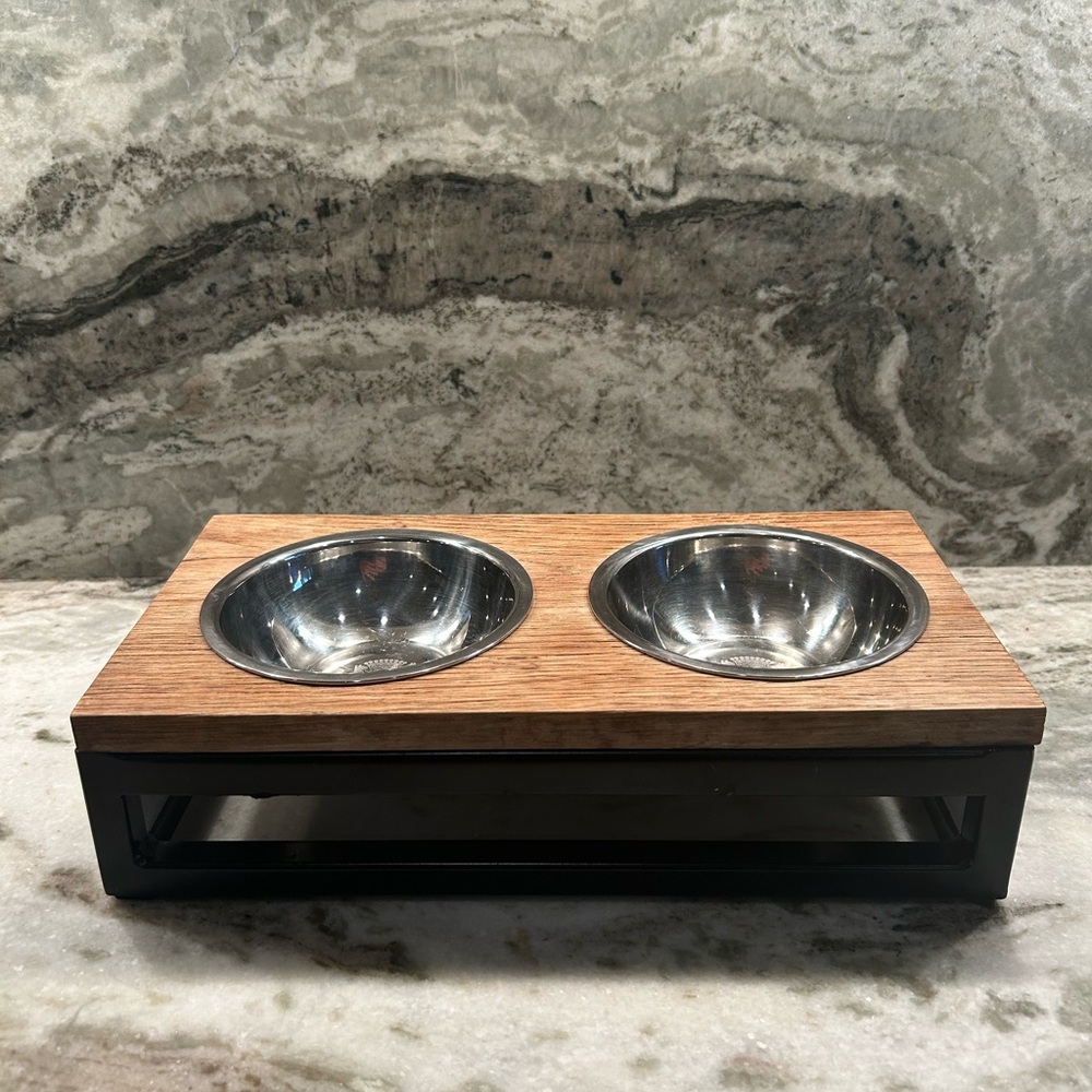 Restoration Hardware Dual Pet Feeder with Stainless Steel Bowls